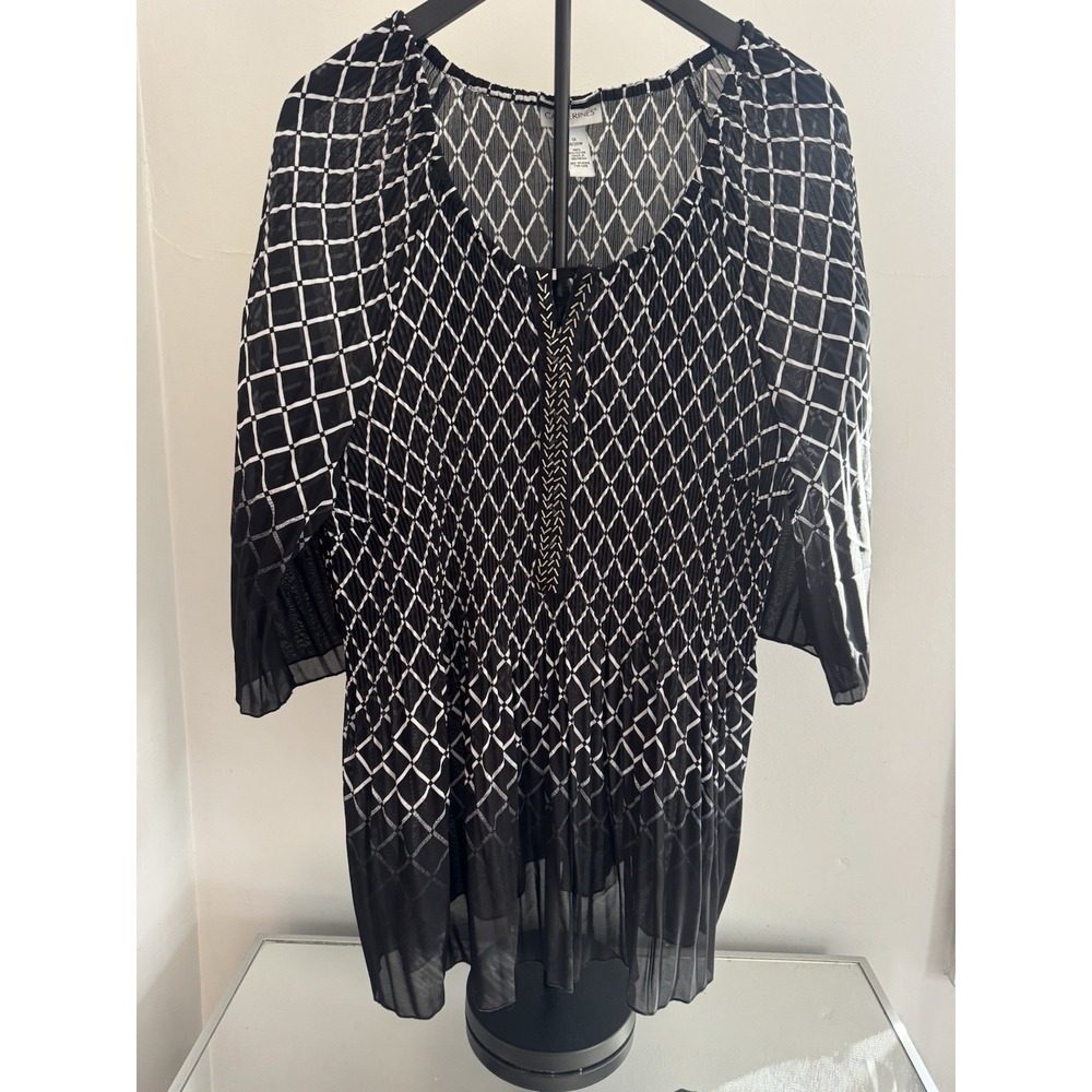 Catherine's Black White Sheer Tunic Top Women Sz 1X Geometric Boho‎ Flowy Light